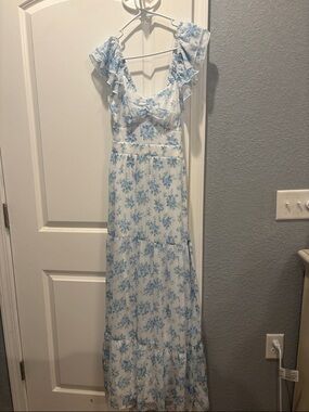 Altar'd State White Maxi Dress with Light Blue Floral Print